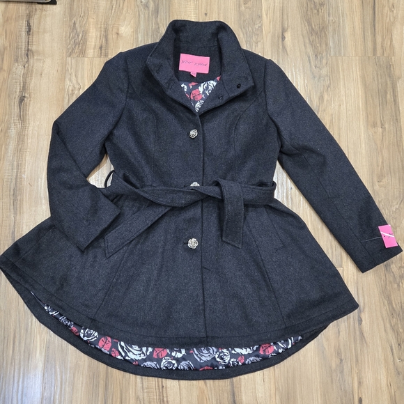 Betsey Johnson Jackets & Blazers - NWT - Betsey Johnson Charcoal Pea Coat with Satin Floral Lining